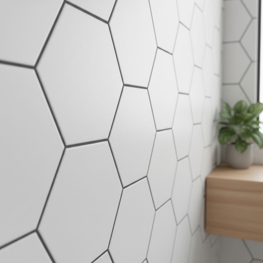 Zbliżenie na fragment ściany w nowoczesnej łazience, pokrytej białymi płytkami w kształcie heksagonów. Ciemna, grafitowa fuga tworzy wyrazisty, geometryczny wzór. Światło z boku delikatnie oświetla teksturę płytek i spoin. W tle widać fragment drewnianego blatu z zieloną rośliną doniczkową, co dodaje ciepła i życia kompozycji. Całość jest estetyczna i inspirująca.