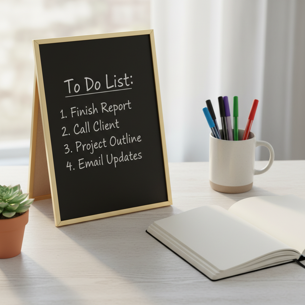 Kadr przedstawiający fragment nowoczesnego biurka z białego drewna. Na biurku stoi elegancka, czarna tablica kredowa w formacie A4 w cienkiej, złotej ramce. Na tablicy odręcznie napisano 