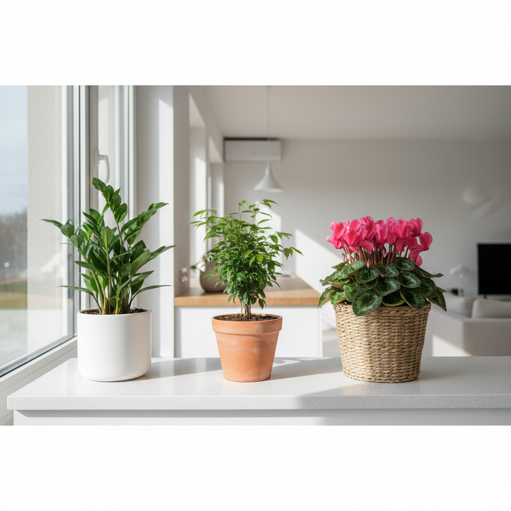 Jasny parapet w nowoczesnej kuchni lub salonie, na którym stoi kolekcja trzech roślin doniczkowych w stylowych, dopasowanych do siebie osłonkach. Jedna osłonka jest wykonana z matowej, białej ceramiki, druga z terakoty w naturalnym kolorze, a trzecia to modny, pleciony kosz z trawy morskiej. W doniczkach rosną Zamiokulkas, mały Fikus i kwitnący na różowo Cyklamen.
