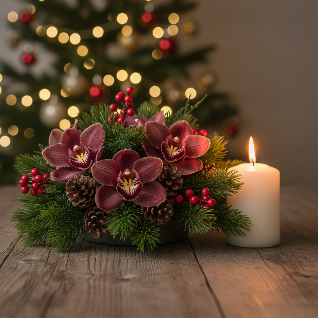 Klimatyczna, świąteczna kompozycja na drewnianym stole. W centrum znajduje się stroik wykonany z gałązek jodły, szyszek i czerwonych owoców ostrokrzewu. Z zieleni wyłaniają się okazałe, bordowe kwiaty storczyka Cymbidium, dodając całości egzotycznego charakteru. Obok stroika stoi zapalona, gruba świeca, a w tle migoczą światełka choinkowe, tworząc ciepłą, domową i świąteczną atmosferę.