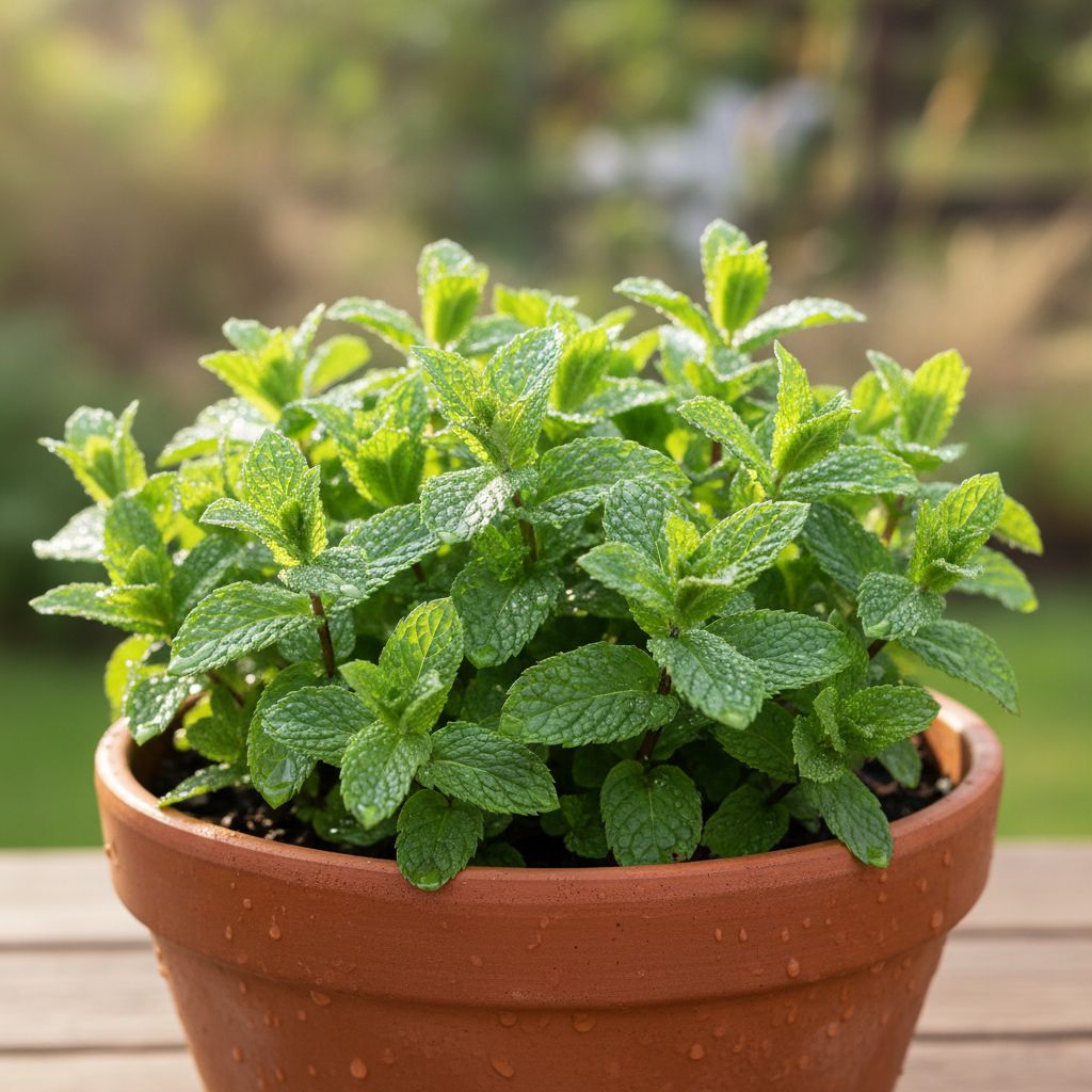 Zbliżenie na bujne, zielone liście mięty w ceramicznej doniczce, pokryte delikatnymi kropelkami wody. Światło słoneczne delikatnie prześwieca przez liście, podkreślając ich żywy kolor i fakturę.