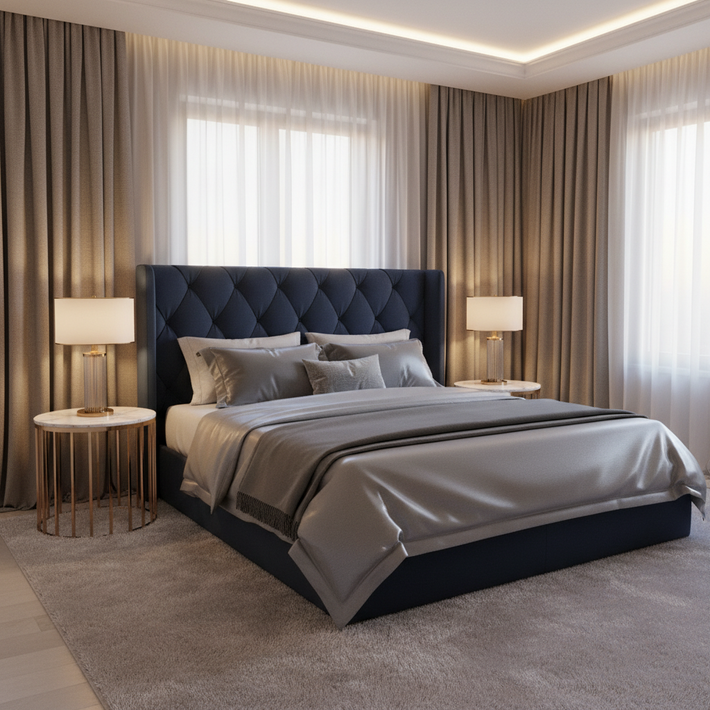 Elegancka, przestronna sypialnia z dużym, ekskluzywnym łóżkiem z wysokim, pikowanym zagłówkiem w kolorze głębokiego granatu. Pościel z satyny w odcieniach szarości i srebra. Po obu stronach łóżka designerskie stoliki nocne ze złotymi akcentami i stylowymi lampkami. W tle duże okno z ciężkimi, lejącymi się zasłonami. Na podłodze miękki, puszysty dywan. Oświetlenie jest ciepłe i nastrojowe, podkreślające luksusowy charakter wnętrza.