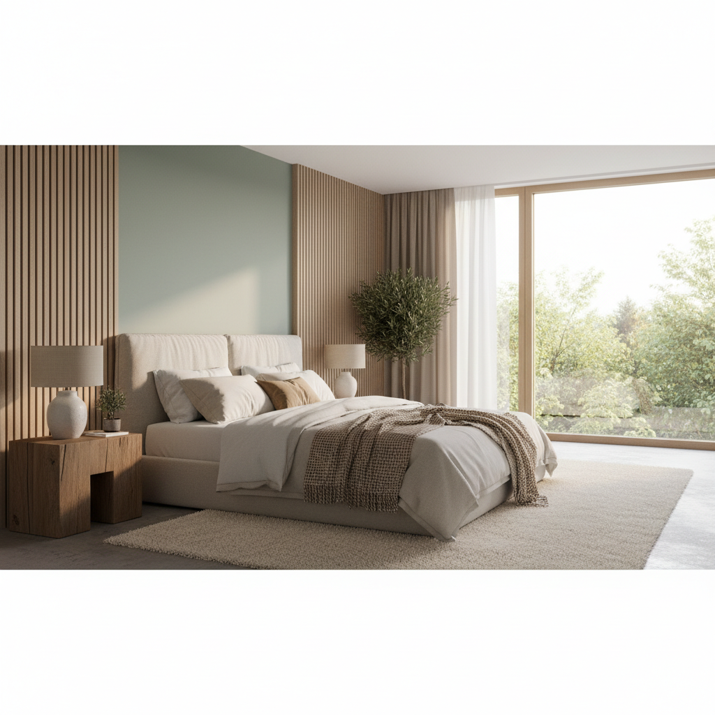 Szerokie, jasne ujęcie eleganckiej sypialni, w której nowoczesny minimalizm spotyka się z przytulnymi, naturalnymi materiałami. W centrum znajduje się duże łóżko z tapicerowanym zagłówkiem, pokryte lnianą pościelą w neutralnych kolorach. Po jednej stronie ściana jest w subtelnym odcieniu szałwiowej zieleni, a po drugiej – wykończona drewnianymi lamelami. Miękkie światło wpada przez duże okno z widokiem na zieleń. Fotorealistyczny styl, ciepłe, poranne oświetlenie.