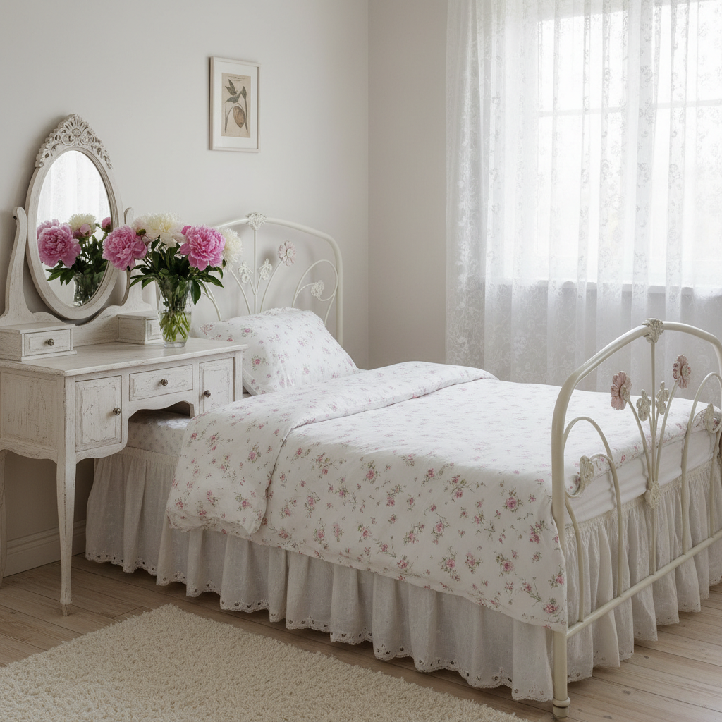 Przytulna sypialnia z kutym, białym łóżkiem przykrytym pościelą w drobne, różowe kwiaty i narzutą z falbanami. Obok stoi bielona, celowo postarzana toaletka z owalnym lustrem w zdobionej ramie. Na toaletce stoi wazon ze świeżymi piwoniami. Przez okno z koronkową firanką wpada miękkie, rozproszone światło.