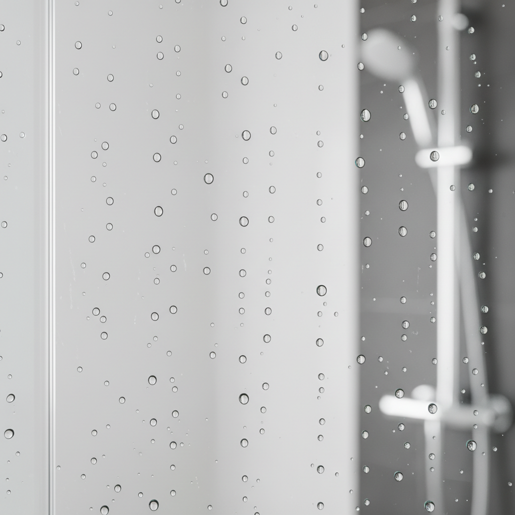 Zbliżenie na fragment szklanych drzwi kabiny prysznicowej, na których widoczne są idealnie uformowane krople wody, perliście spływające po powierzchni. Efekt ten demonstruje działanie powłoki hydrofobowej Easy Clean, a tło jest lekko rozmyte, sugerując czystość i blask.