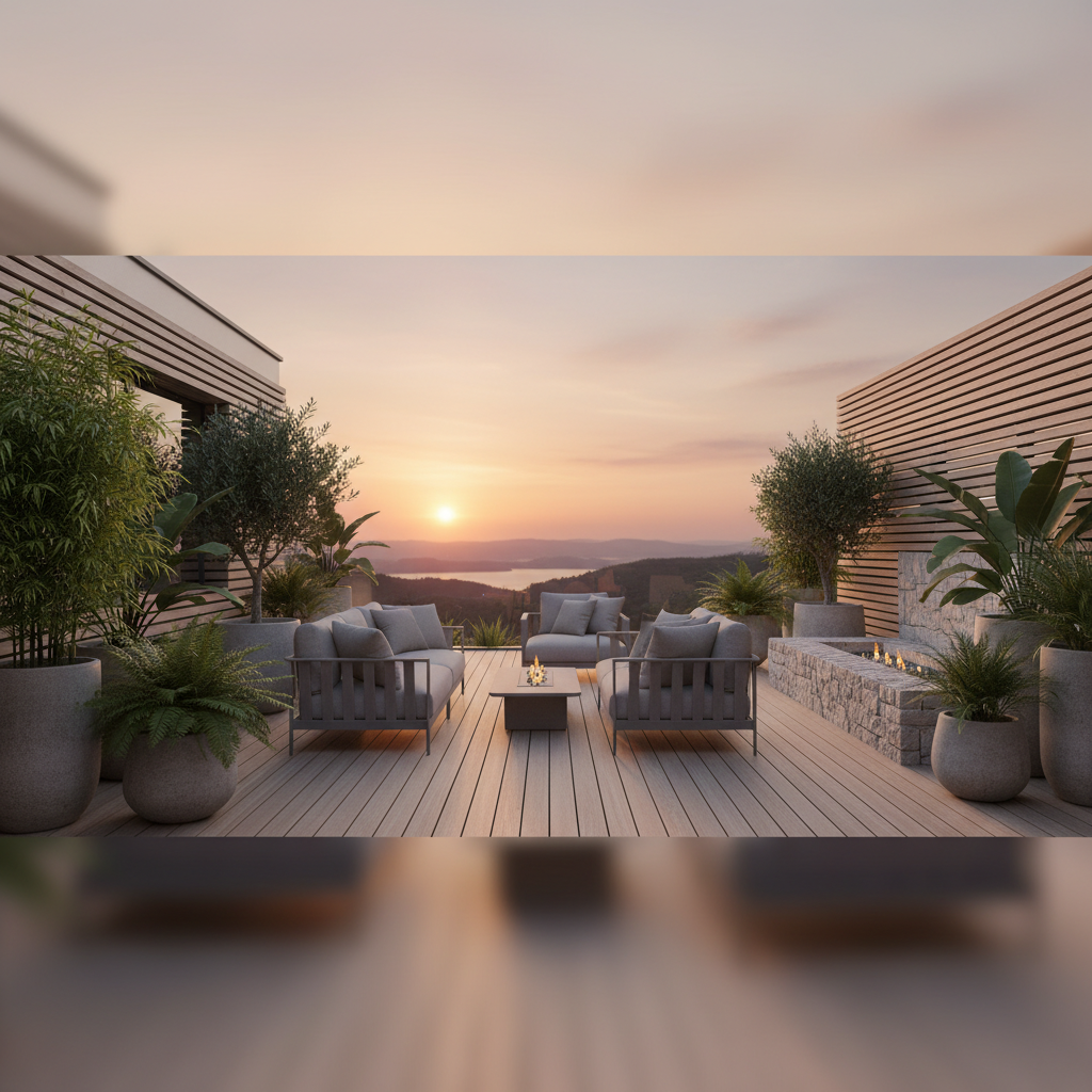 Szeroki kadr nowoczesnego, minimalistycznego tarasu o zachodzie słońca. Na tarasie znajdują się wygodne, szare meble ogrodowe z miękkimi poduszkami, otoczone bujnymi, zielonymi roślinami w stylowych donicach. W tle widać ciepłe, rozproszone światło zachodzącego słońca, które tworzy atmosferę spokoju i relaksu. Dominują naturalne materiały, takie jak drewno i kamień.
