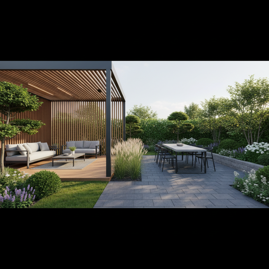 Nowoczesny taras, gdzie zadaszona strefa relaksu z drewnianą podłogą płynnie przechodzi w otwartą przestrzeń jadalnianą wyłożoną dużymi, grafitowymi płytami z kostki brukowej. Na granicy materiałów rosną ozdobne trawy, a całość otoczona jest zadbanym ogrodem, co tworzy harmonijną i funkcjonalną kompozycję.