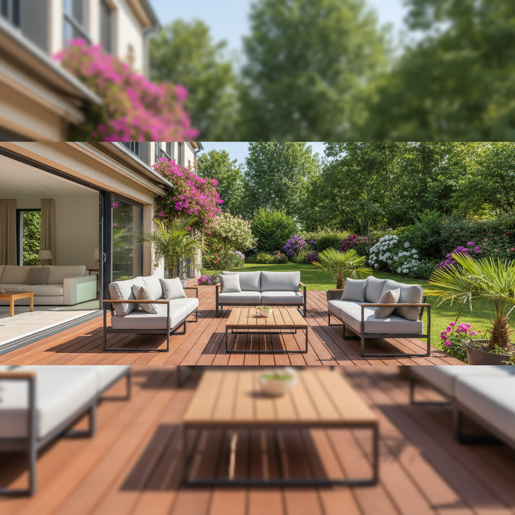 Szerokie ujęcie pięknego, przestronnego tarasu w słoneczny letni dzień, łączącego się z bujnym, zielonym ogrodem. Na tarasie, wykonanym z ciepłego, egzotycznego drewna, stoją nowoczesne, wygodne meble ogrodowe – sofa, fotele i niski stolik kawowy. W tle widać przeszklone drzwi prowadzące do salonu. Całość tworzy idylliczną, relaksującą atmosferę idealnego miejsca do wypoczynku.