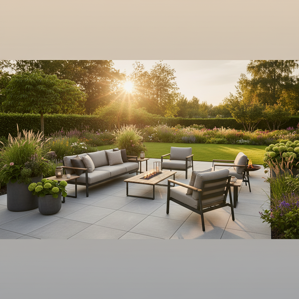 Szerokie ujęcie pięknego, nowoczesnego tarasu wyłożonego wielkoformatowymi płytkami gresowymi w odcieniu jasnej szarości. Na tarasie stoją wygodne meble ogrodowe, donice z bujną roślinnością. W tle widać zadbany ogród skąpany w ciepłym świetle zachodzącego słońca, co tworzy relaksującą i inspirującą atmosferę.