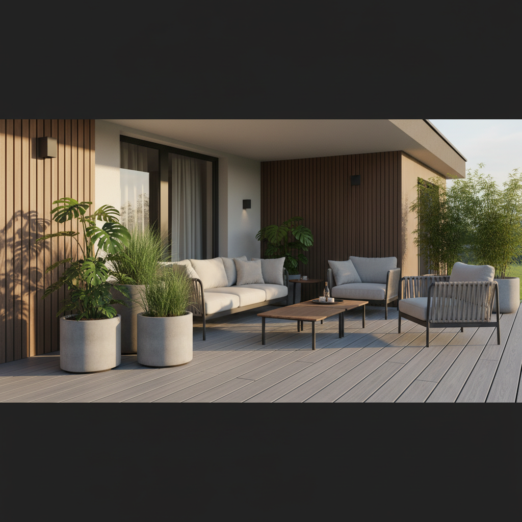 Szerokie ujęcie nowoczesnego, pięknie zaaranżowanego tarasu z deskami kompozytowymi w odcieniach szarości. Na tarasie stoją wygodne meble ogrodowe, kilka dużych donic z zielonymi roślinami. Słońce delikatnie oświetla scenę, tworząc ciepłą, relaksującą atmosferę. W tle widać fragment elewacji nowoczesnego domu.