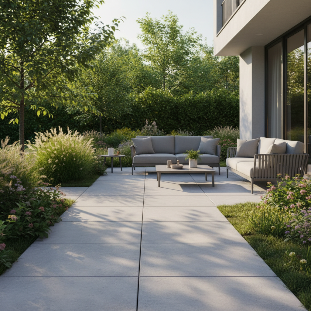 Nowoczesny, pięknie zaaranżowany taras modułowy z dużych, jasnoszarych płyt betonowych, otoczony bujną zielenią ogrodu. Na tarasie stoją stylowe meble ogrodowe – wygodna sofa i stolik kawowy. Ciepłe, popołudniowe słońce rzuca długie cienie, tworząc relaksującą i przytulną atmosferę. W tle widać fragment nowoczesnego domu.