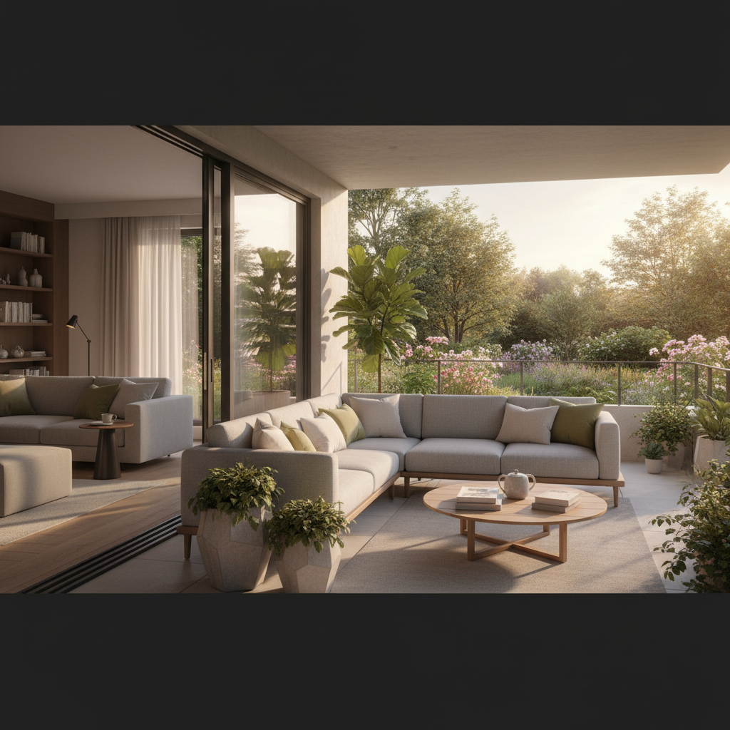 Szerokie ujęcie nowoczesnego, pięknie urządzonego tarasu, który płynnie łączy się z salonem przez duże, otwarte drzwi przesuwne. Na tarasie widać wygodną sofę z miękkimi poduszkami, stolik kawowy i bujną zieleń w donicach. W tle znajduje się zadbany ogród skąpany w ciepłym, popołudniowym słońcu. Obraz powinien emanować spokojem, komfortem i przytulnością.