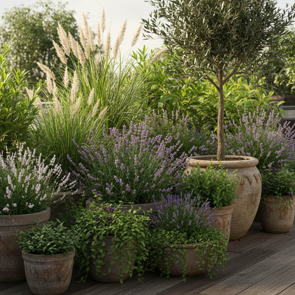 Zbliżenie na fragment tarasu wypełniony bujną roślinnością w stylowych donicach. Widać różnorodność form i kolorów: wysokie trawy ozdobne, kwitnącą lawendę, płożące się zioła i małe drzewko w dużej, ceramicznej donicy. Promienie słońca delikatnie przeświecają przez liście, tworząc wrażenie zielonej, tętniącej życiem oazy.