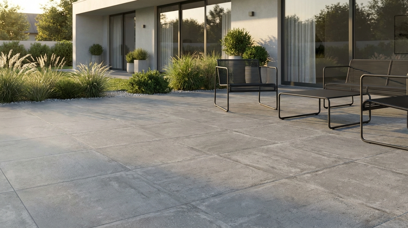 Fotorealistyczny obraz nowoczesnego, przestronnego tarasu wyłożonego płytami gresowymi Officine w odcieniu Dark (chłodna szarość). Na tarasie stoją proste, minimalistyczne meble ogrodowe w kolorze czarnym. W tle widać fragment elewacji nowoczesnego domu z dużymi przeszkleniami oraz starannie zaaranżowaną zieleń – trawy ozdobne i proste krzewy. Całość skąpana jest w miękkim, popołudniowym świetle, które podkreśla subtelną fakturę płyt przypominającą przetarty beton.