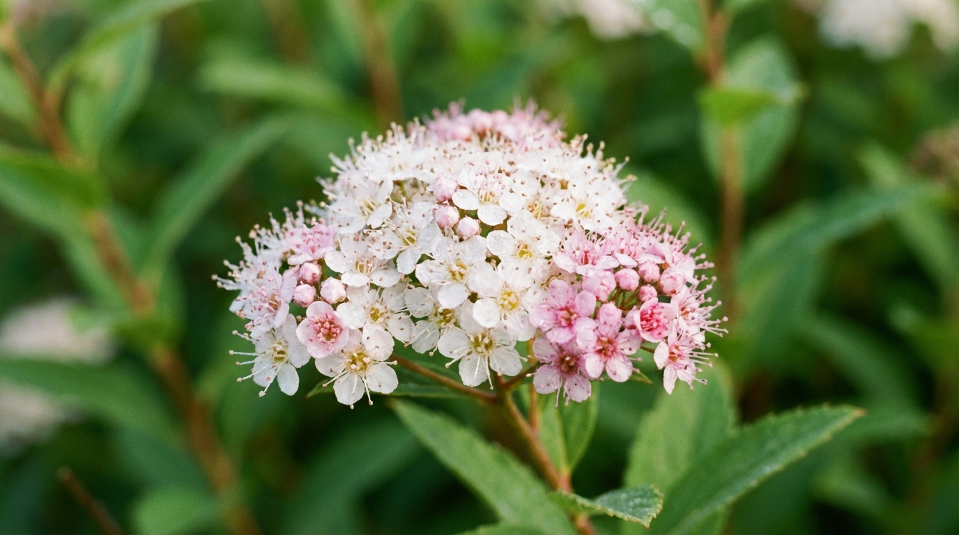 Makro zbliżenie na kwiatostan tawuły japońskiej 'Genpei', ukazujące jednocześnie delikatne białe i różowe kwiaty na jednej gałązce. Tło lekko rozmyte, zielone liście. Światło miękkie, poranne.
