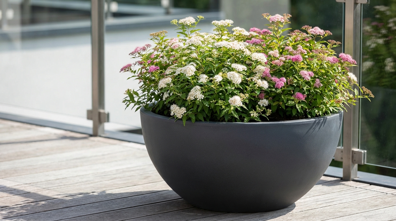 Elegancka, duża ceramiczna donica w kolorze antracytu, stojąca na nowoczesnym tarasie z drewnianą podłogą. W donicy rośnie kwitnąca Tawuła japońska 'Genpei', jej biało-różowe kwiaty kontrastują z zielenią liści. W tle widać fragment nowoczesnej balustrady.