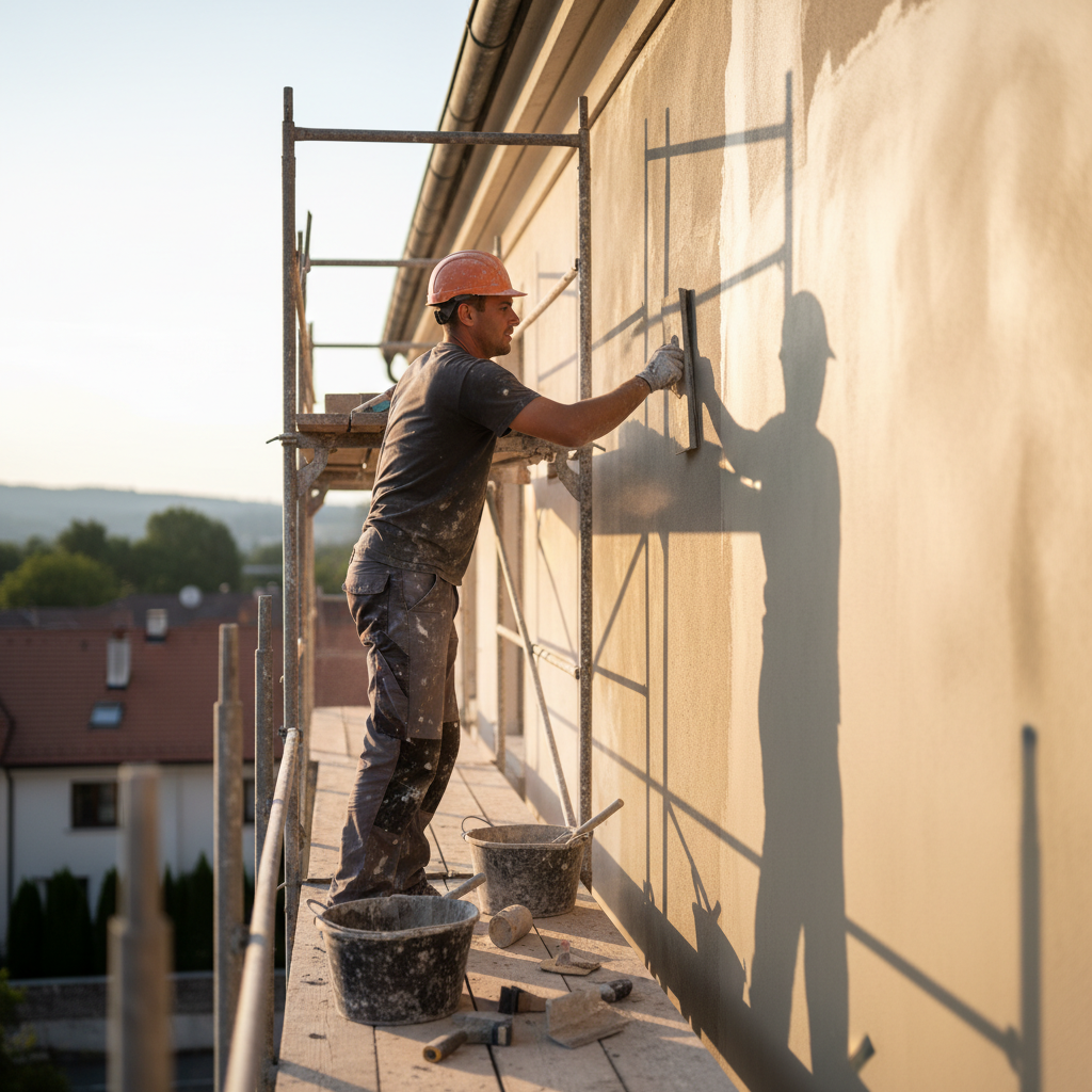Dynamiczne ujęcie tynkarza w trakcie pracy. Mężczyzna, stojąc na rusztowaniu, pewnym, płynnym ruchem zaciera pacą świeżo nałożony tynk na dużej ścianie zewnętrznej. Widoczna jest różnica między surową a wygładzoną powierzchnią, a słońce delikatnie oświetla scenę, podkreślając kunszt rzemieślnika.