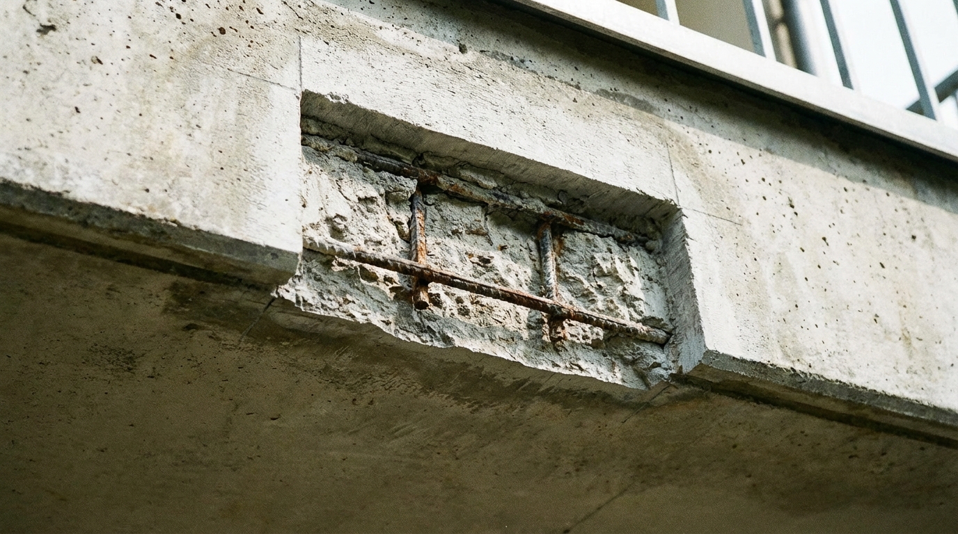 Zbliżenie na fragment betonowego balkonu, gdzie ubytek został precyzyjnie skuty i oczyszczony. Krawędzie są równe, a wewnątrz widoczne jest odsłonięte, ale jeszcze nieoczyszczone zbrojenie. Obraz pokazuje starannie przygotowane podłoże do dalszych prac.