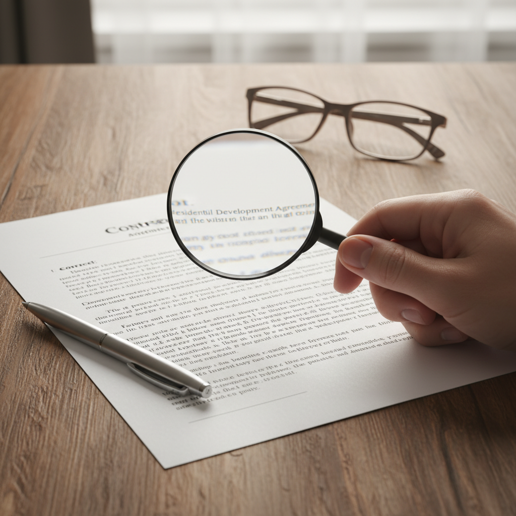 Zbliżenie na fragment umowy deweloperskiej leżącej na drewnianym stole. Obok umowy leżą eleganckie okulary i długopis. Jedna dłoń trzyma lupę powiększającą tekst, symbolizując staranność, precyzję i potrzebę dokładnego analizowania każdego zapisu przed podjęciem decyzji.