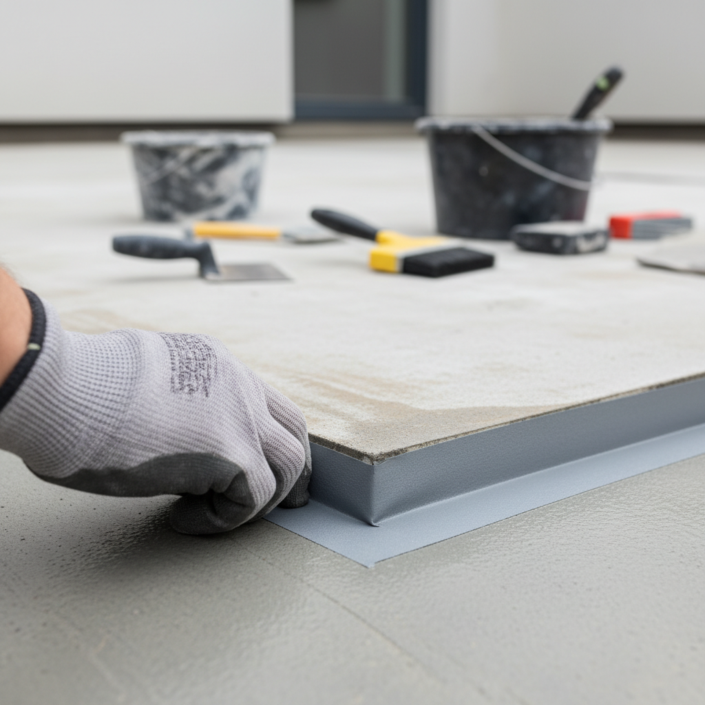 Zbliżenie na dłoń fachowca w rękawicy roboczej, który precyzyjnie wtapia szarą taśmę uszczelniającą w świeżą warstwę hydroizolacji w narożniku tarasu, przy styku z elewacją budynku. W tle widać narzędzia budowlane i fragment przygotowanego podłoża.