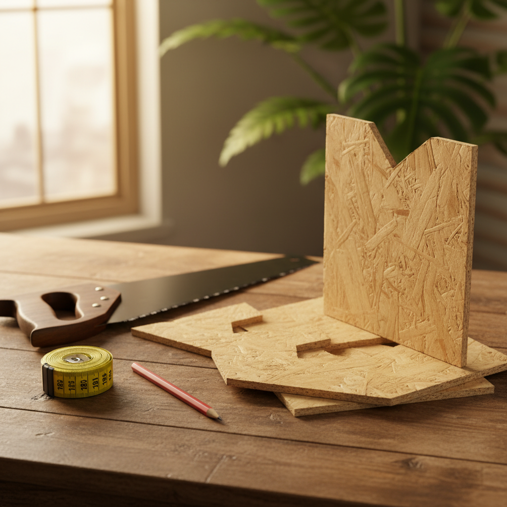 Estetycznie ułożone na drewnianym stole narzędzia do majsterkowania (piła ręczna, miarka, ołówek) obok przyciętych kawałków płyty MFP, gotowych do złożenia podpórki do książek. Ciepłe, naturalne oświetlenie, w tle widać fragment zielonej rośliny, co nadaje scenie organiczny charakter.