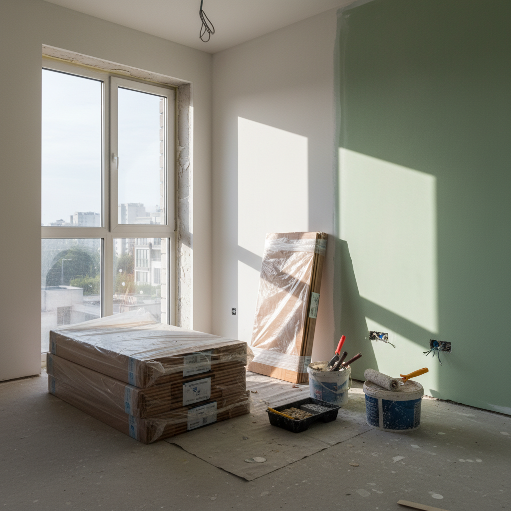 Realistyczne zdjęcie wnętrza domu w stanie deweloperskim. W rogu pomieszczenia stoją zapakowane w folię paczki z parkietem, a obok widać narzędzia malarskie i świeżo pomalowaną, jeszcze wilgotną ścianę. Przez okno bez zasłon wpada surowe światło, podkreślając atmosferę trwających prac.