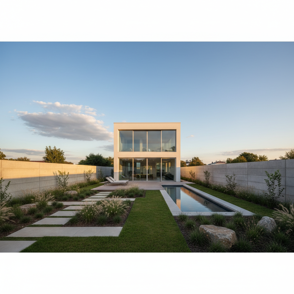 Nowoczesny, piętrowy dom jednorodzinny zbudowany na wąskiej działce. Jasna elewacja z dużymi przeszkleniami od strony ogrodu. Dom jest otoczony minimalistycznym, zadbanym ogrodem, co podkreśla efektywne wykorzystanie przestrzeni. Ujęcie z perspektywy, ukazujące głębię działki.