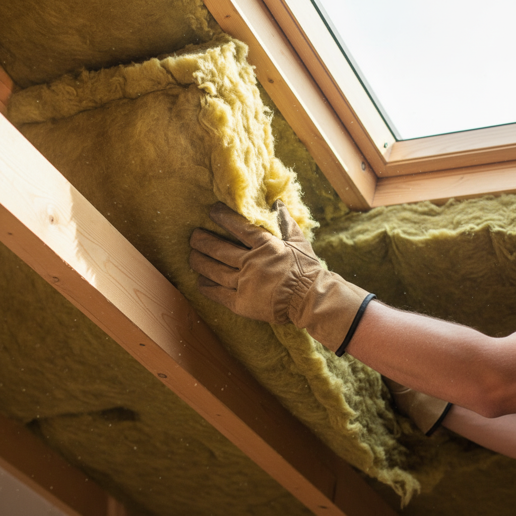 Fotorealistyczne zdjęcie pokazujące z bliska montaż pierwszej warstwy wełny mineralnej pomiędzy drewnianymi krokwią na poddaszu. Ciepłe, naturalne światło wpada przez okno dachowe, podkreślając teksturę drewna i włókien izolacji. Widać ręce pracownika w rękawicach roboczych, który starannie dopasowuje materiał. Kadr jest ciasny, skupiony na detalu i precyzji pracy.