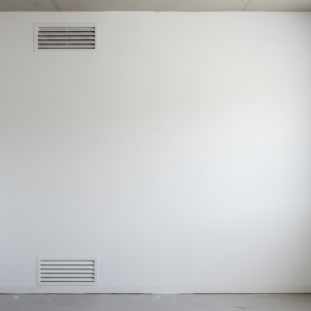 Zbliżenie na czystą, białą ścianę w kotłowni, na której widoczne są dwa otwory wentylacyjne. Niżej, blisko podłogi, znajduje się niezamykana kratka nawiewna. Wyżej, pod sufitem, widać kratkę kanału wywiewnego. Minimalistyczne ujęcie podkreśla znaczenie i prostotę prawidłowo wykonanej wentylacji grawitacyjnej.