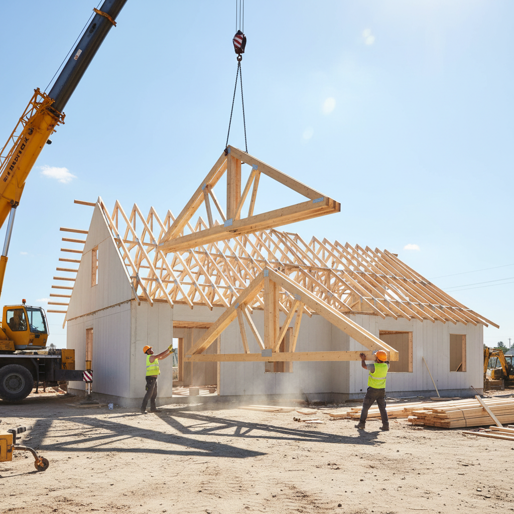 Zdjęcie z placu budowy domu jednorodzinnego w słoneczny dzień. Na pierwszym planie widać prefabrykowane drewniane wiązary dachowe, podnoszone przez dźwig i precyzyjnie montowane na ścianach budynku. W tle widoczna jest częściowo ukończona konstrukcja dachu. Obraz ma dynamiczny charakter, pokazując technologię w akcji i podkreślając szybkość montażu.