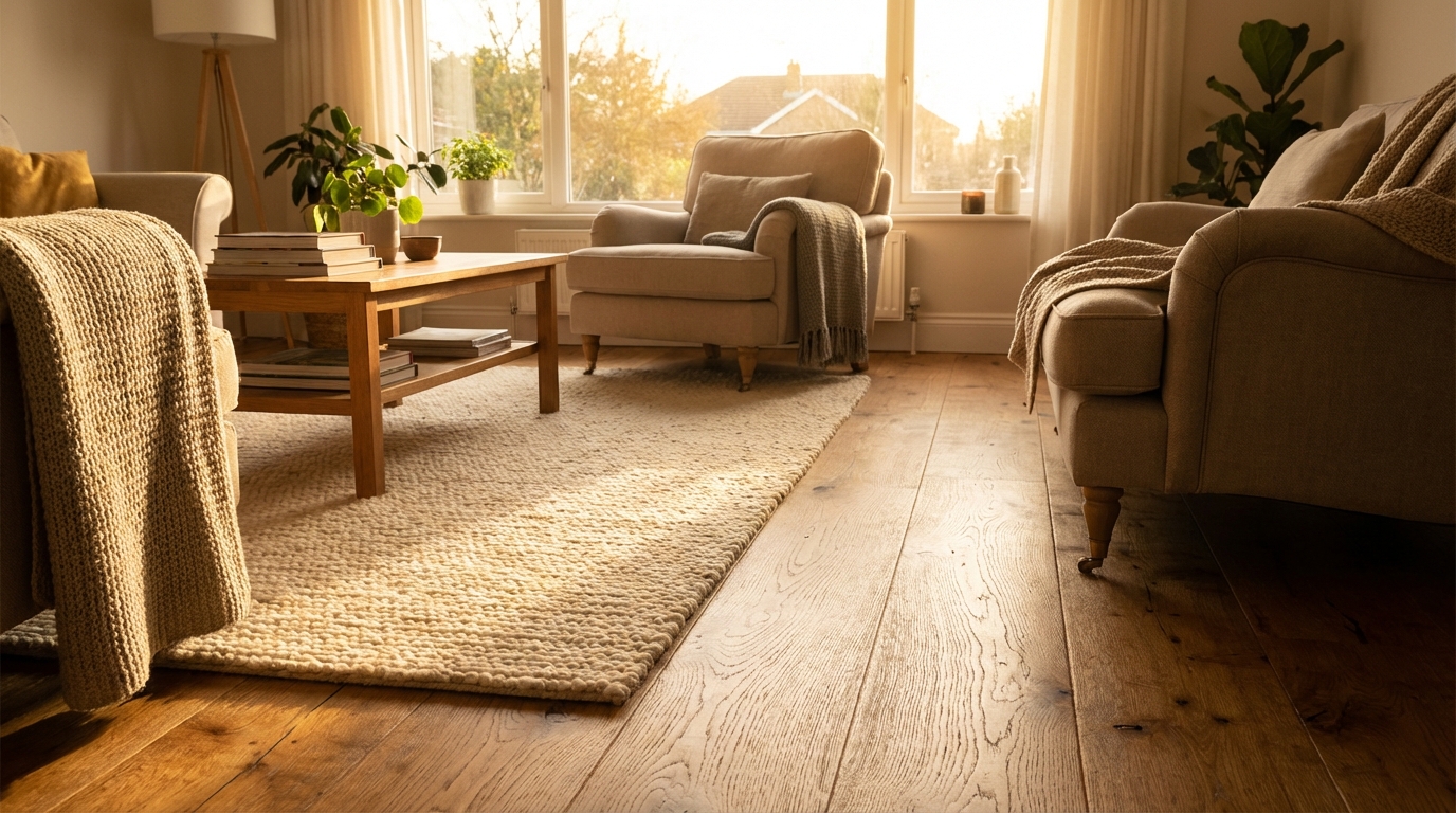 Ciepłe, przytulne wnętrze salonu z podłogą z litych desek dębowych o widocznym usłojeniu. Na podłodze leży miękki, jasny dywan. Przez duże okno wpada delikatne, popołudniowe słońce, podkreślając naturalną fakturę drewna.