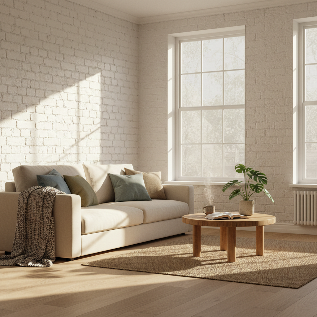 Jasne, przytulne wnętrze salonu z fragmentem odsłoniętej, pomalowanej na biało ściany z silikatów, która dodaje tekstury i charakteru. Przez duże okno wpada ciepłe światło słoneczne, podkreślając komfort termiczny i zdrowy klimat panujący w pomieszczeniu.