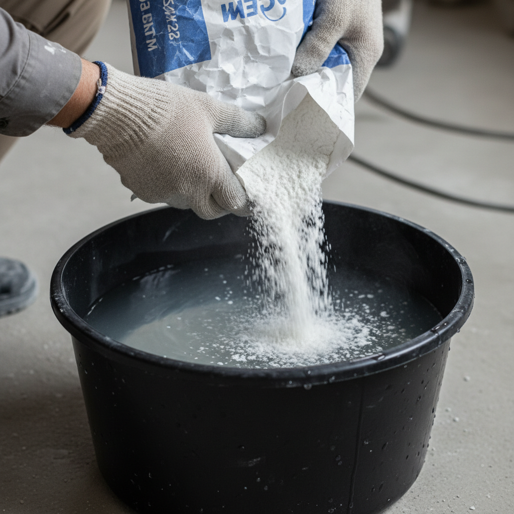 Zbliżenie na dłonie budowlańca w rękawicach, który powoli i równomiernie wsypuje białe spoiwo gipsowe z worka do elastycznego, czarnego wiadra budowlanego wypełnionego w 1/3 czystą wodą. Światło jest naturalne, lekko rozproszone, podkreślając teksturę proszku i czystość wody.
