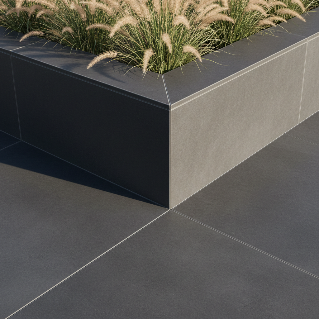 Zbliżenie na fragment gotowego tarasu, pokazujące detal styku eleganckich, grafitowych płyt tarasowych z donicą wykonaną z tego samego materiału, w której rosną ozdobne trawy. Ujęcie podkreśla estetykę i jakość wykończenia, inspirując do kreatywnych rozwiązań.