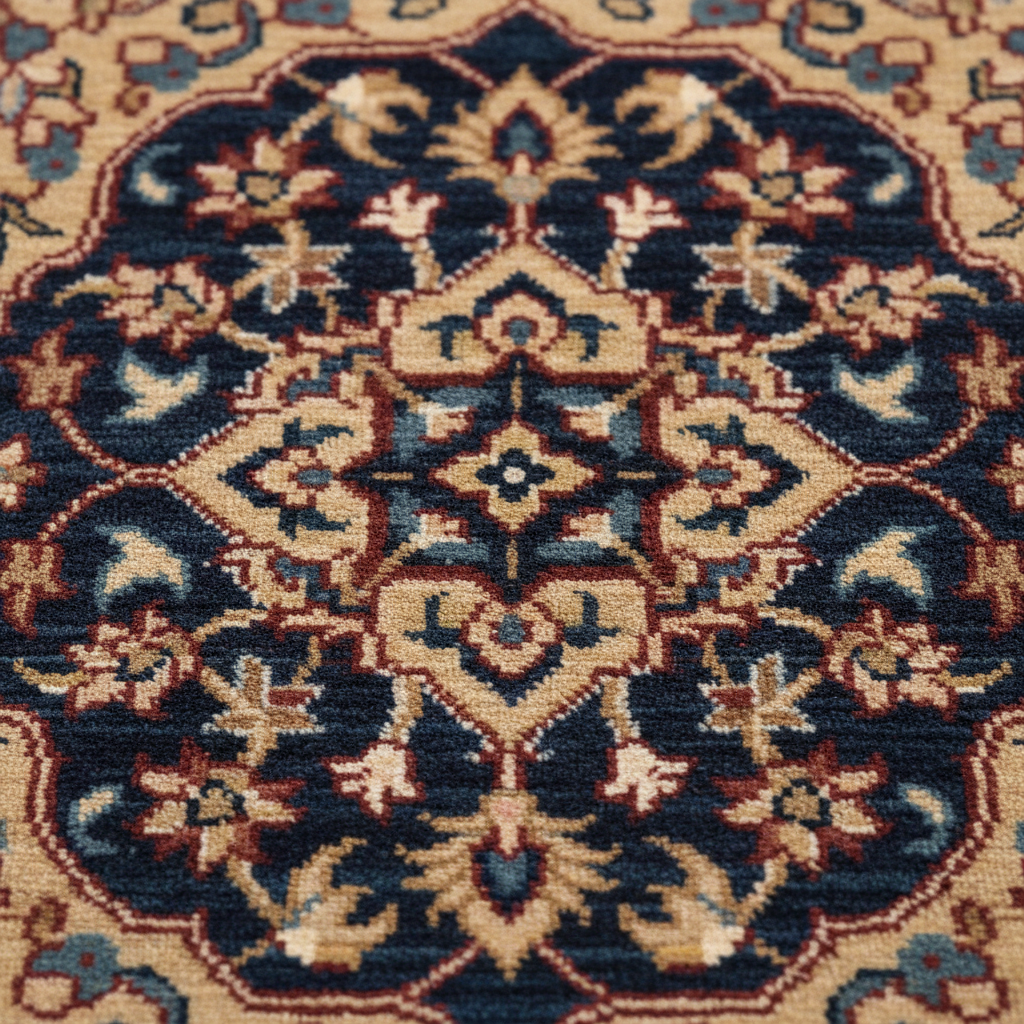 Makrofotografia fragmentu bogato zdobionego, klasycznego dywanu. Zdjęcie ukazuje misterny, perski wzór z detalicznymi ornamentami roślinnymi i medalionem w odcieniach głębokiego granatu, bordo i złocistego beżu. Widać wyraźnie strukturę gęstego, miękkiego runa, co podkreśla wysoką jakość wykonania.