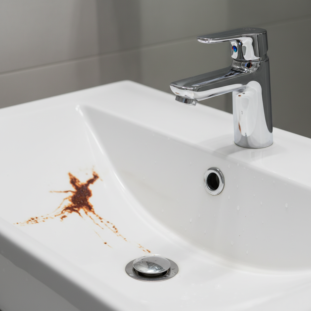 Zdjęcie przedstawia fragment nowoczesnej, białej, ceramicznej umywalki i eleganckiego, chromowanego kranu. Na idealnie białej powierzchni widoczne są intensywne, rdzawe zacieki i plamy spowodowane przez wodę z wysoką zawartością żelaza. Kontrast między czystym designem łazienki a brzydkim osadem podkreśla problem.