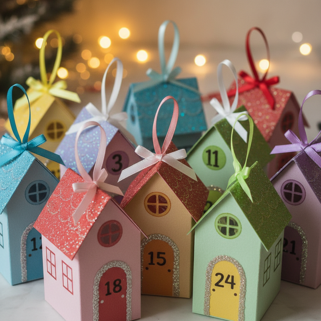 Zbliżenie na kilka kolorowych, ręcznie robionych papierowych domków z numerami adwentowymi, ozdobionych brokatem i małymi kokardkami, gotowych do zawieszenia. Miękkie, rozproszone światło, tło delikatnie rozmyte.