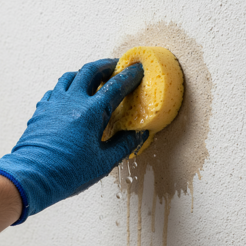 Dłoń w rękawiczce malarskiej przyciskająca mokrą gąbkę do ściany. Na ścianie widać ciemną, mokrą plamę, obrazującą test na chłonność podłoża. Ujęcie powinno być zbliżeniem, podkreślającym teksturę ściany i krople wody.