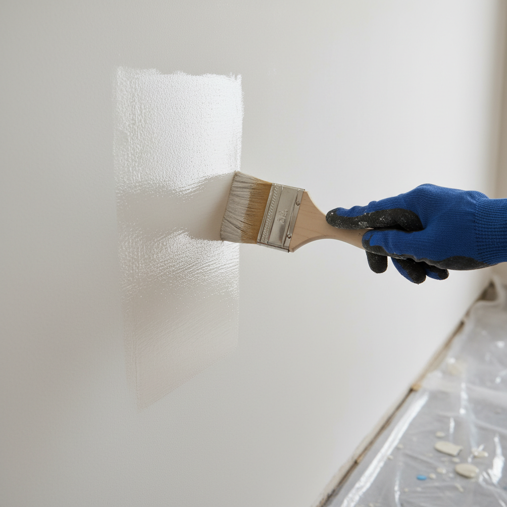 Ręka w rękawicy roboczej, trzymająca pędzel i malująca ścianę przezroczystym gruntem. Widoczna różnica między zagruntowaną, lekko błyszczącą częścią ściany, a matową, jeszcze niepokrytą.
