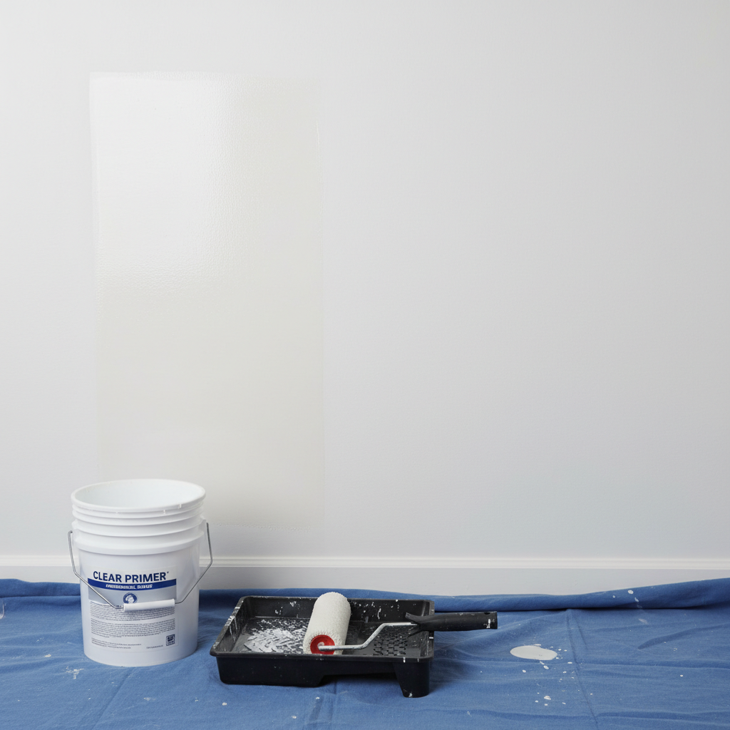 Zbliżenie na czystą, gładką ścianę, częściowo pokrytą przezroczystym gruntem. Obok stoi wiadro z gruntem i wałek na tacce malarskiej, sugerując, że praca jest w toku.