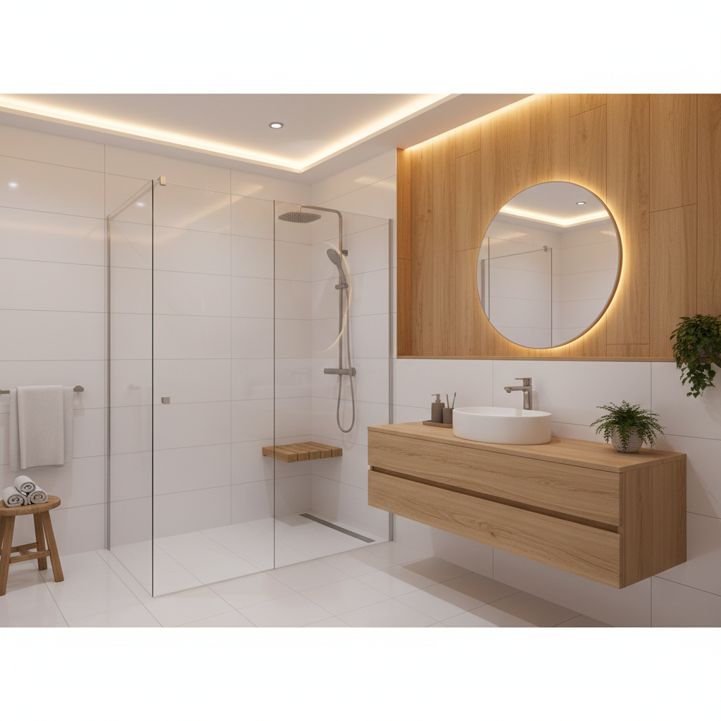 Zdjęcie przedstawiające jasną, nowoczesną łazienkę z białymi płytkami i drewnianymi akcentami. Widoczna jest kabina prysznicowa ze szklanymi drzwiami oraz szafka z umywalką nablatową. Oświetlenie jest ciepłe i rozproszone.