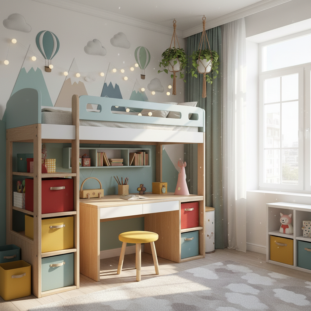 Jasny, przytulny i pomysłowo urządzony mały pokój dziecka. Widać łóżko piętrowe z biurkiem pod spodem, kolorowe pudełka na zabawki i kreatywną dekorację ścienną. Całość jest skąpana w naturalnym świetle, tworząc wrażenie przestronności.