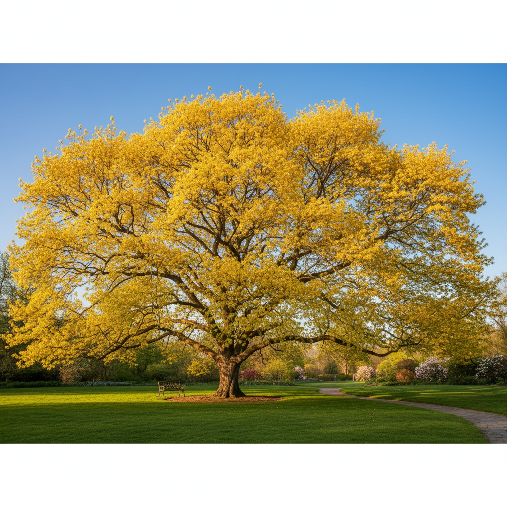 Majestatyczne, rozłożyste drzewo klonu jesionolistnego 'AURATUM' w pełni wiosennego rozkwitu. Jego korona lśni intensywnym, złocisto-żółtym kolorem na tle błękitnego nieba i soczyście zielonego, wypielęgnowanego trawnika. Słońce delikatnie prześwieca przez liście, tworząc świetliste refleksy. Scena emanuje spokojem i pięknem idealnego ogrodu.
