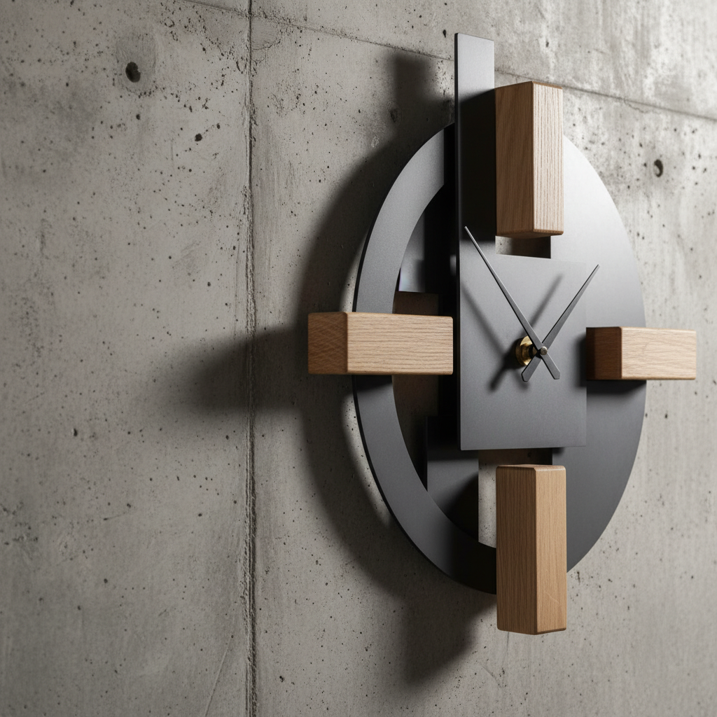 Zbliżenie na fragment niezwykle oryginalnego, nowoczesnego zegara ściennego wiszącego na surowej, betonowej ścianie. Zegar ma nietypową, rzeźbiarską formę, wykonany jest z połączenia matowego metalu i naturalnego drewna. Wskazówki są cienkie i eleganckie. Światło z boku rzuca subtelne cienie, podkreślając trójwymiarowość i artystyczny charakter obiektu.