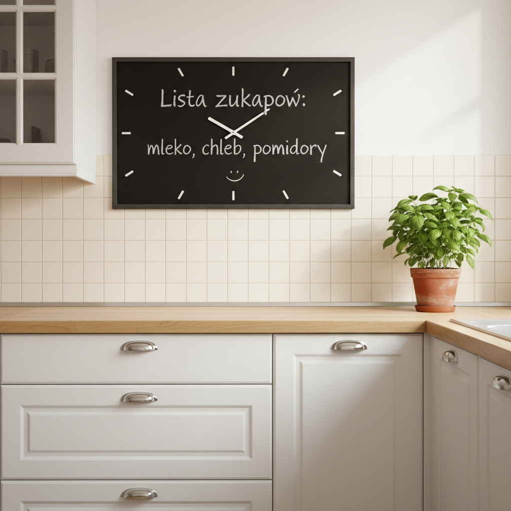 Jasna, przytulna kuchnia z białymi szafkami i drewnianym blatem. Na ścianie wisi czarny, prostokątny zegar z tablicą do pisania kredą. Na tablicy widnieje odręczny napis "Lista zakupów: mleko, chleb, pomidory" oraz mały rysunek uśmiechniętej buźki. Obok zegara stoi doniczka ze świeżą bazylią. Scena jest ciepła i domowa, pokazując praktyczne zastosowanie zegara.
