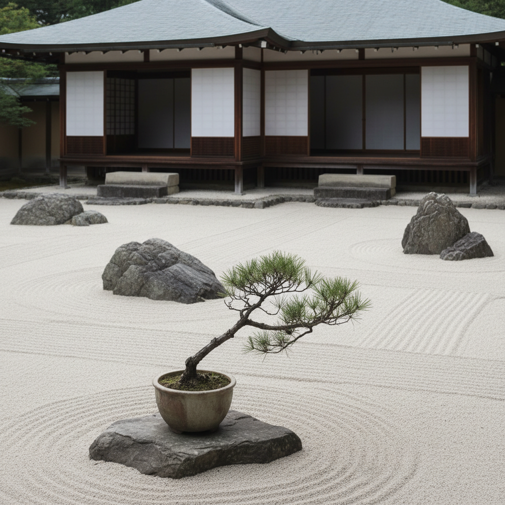 Spokojna, minimalistyczna scena przedstawiająca kamienny ogród zen. W tle widać tradycyjny japoński pawilon z drewna i papieru. Na pierwszym planie znajduje się pojedyncza, ascetyczna gałąź sosny w ceramicznym naczyniu, stojąca obok starannie zagrabionego piasku. Światło jest rozproszone, tworząc atmosferę medytacji i kontemplacji.