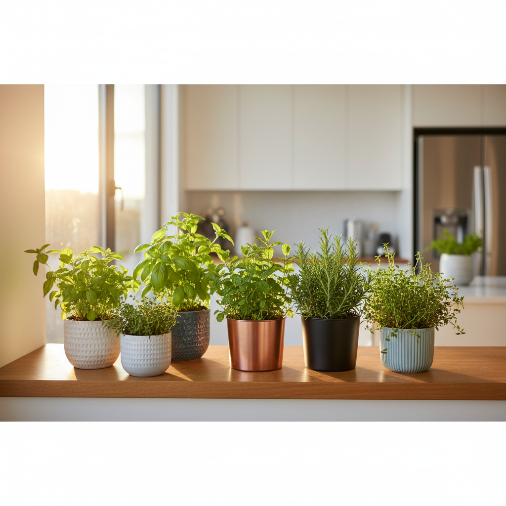 Jasna, nowoczesna kuchnia z dużym oknem, przez które wpada poranne słońce. Na drewnianym parapecie stoi kilka stylowych doniczek (ceramicznych i metalowych) z bujnie rosnącymi, świeżymi ziołami: bazylią, miętą, rozmarynem i tymiankiem. Tło jest lekko rozmyte, skupiając uwagę na zieleni roślin. Zdjęcie ma ciepłą, przytulną i inspirującą atmosferę.