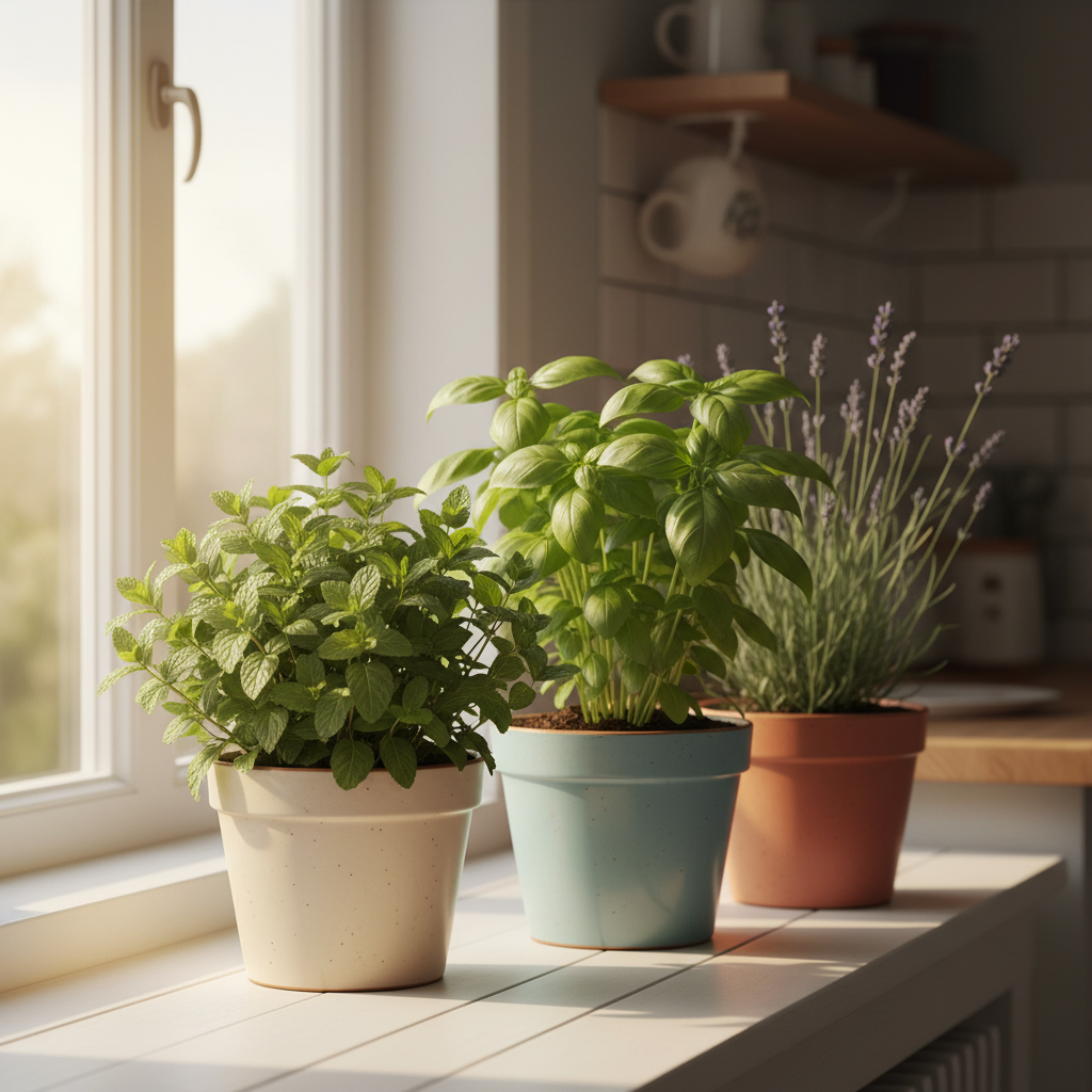 Jasny, słoneczny parapet w kuchni, na którym w estetycznych doniczkach rosną bujne, zielone zioła: mięta, bazylia i lawenda. W tle widać rozmyte wnętrze przytulnej kuchni. Światło jest ciepłe i zachęcające, a cała kompozycja emanuje świeżością i domowym ciepłem.
