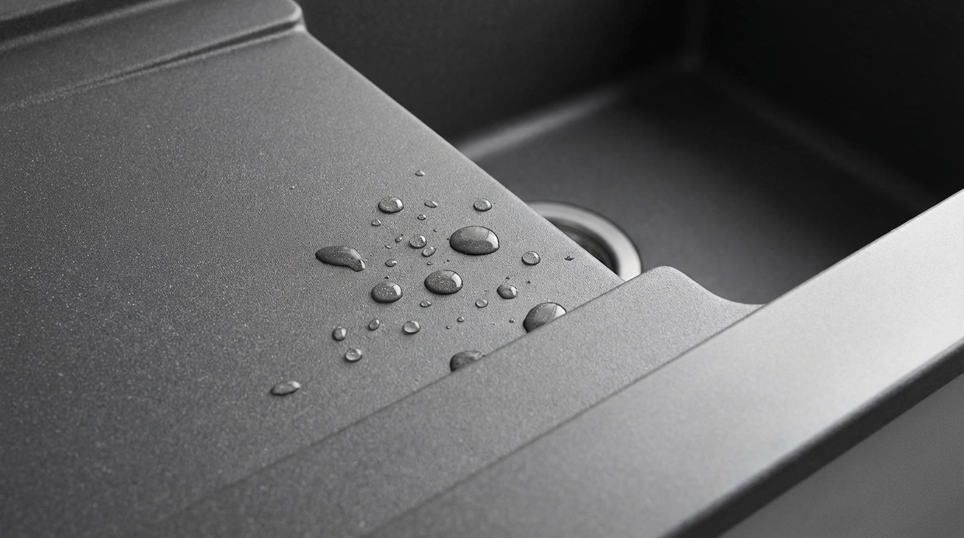 Zbliżenie na fakturę matowego, grafitowego zlewozmywaka kompozytowego z drobinkami kwarcu. Na powierzchni delikatnie osadzają się krople wody, podkreślając hydrofobową powłokę. Światło subtelnie odbija się od krawędzi komory.