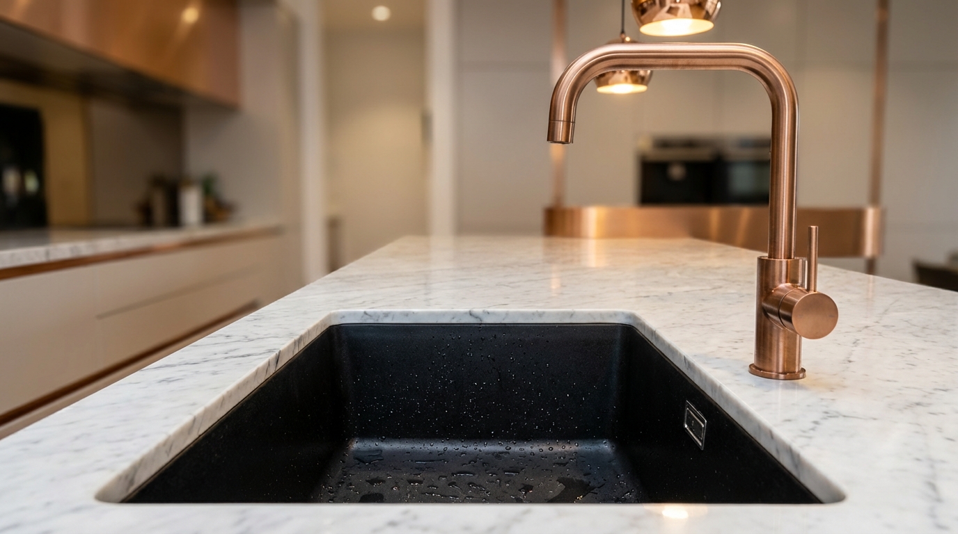 Elegancki, minimalistyczny zlewozmywak podblatowy z czarnego kompozytu, zamontowany pod marmurowym blatem. W komorze lśnią krople wody, a obok stoi nowoczesna, miedziana bateria kuchenna. Całość w estetyce glamour.